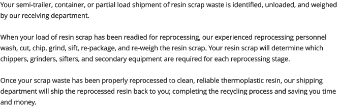 Your semi-trailer, container, or partial load shipment of resin scrap waste is identified, unloaded, and weighed by our receiving department.   When your load of resin scrap has been readied for reprocessing, our experienced reprocessing personnel wash, cut, chip, grind, sift, re-package, and re-weigh the resin scrap. Your resin scrap will determine which chippers, grinders, sifters, and secondary equipment are required for each reprocessing stage.  Once your scrap waste has been properly reprocessed to clean, reliable thermoplastic resin, our shipping department will ship the reprocessed resin back to you; completing the recycling process and saving you time and money.