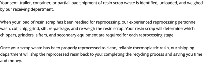 Your semi-trailer, container, or partial load shipment of resin scrap waste is identified, unloaded, and weighed by our receiving department.   When your load of resin scrap has been readied for reprocessing, our experienced reprocessing personnel wash, cut, chip, grind, sift, re-package, and re-weigh the resin scrap. Your resin scrap will determine which chippers, grinders, sifters, and secondary equipment are required for each reprocessing stage.  Once your scrap waste has been properly reprocessed to clean, reliable thermoplastic resin, our shipping department will ship the reprocessed resin back to you; completing the recycling process and saving you time and money.